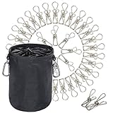 Megon Clothes Laundry Metal Clothepins and Bag with Hanger Clips | Stainless Steel Pins Hanging Windproof Against Rust for Outdoor, Home, Kitchen, Bathroom, Garden, Balcony | 60 Pack Pegs and Bag