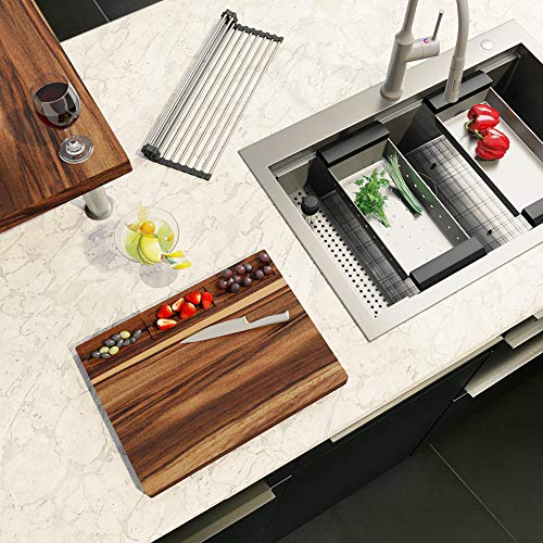 MOWA CounterFinesse 33 x 22 inch Workstation Topmount Kitchen Sink, Luxury Drop In Workstation Sink -Pack of 7 w/ 17.5" Acacia Butcher's Block - Tight Radius 16 Gauge Stainless Steel Single Bowl Sink - Thumbnail 5