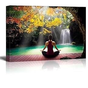 Girl Meditating on a Bridge Under a Tree Looking Over a Waterfall - Canvas Art Home Art - 12x18 inches