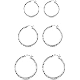 Charmsy Set of 3 Pairs 925 Sterling Silver Hoop Earrings for Women | Lightweight Italian 2.5mm Tube Diamond-Cut Classic Texured Click-Top Hoops Earring | Size 12/13/15/18/20/25mm