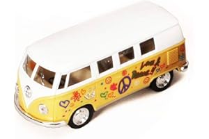 KiNSMART 1962 Volkswagen Classic Bus 1:32 Scale 5" Die Cast Metal Model Toy Van Pullback Acation (Yellow Flower Power)