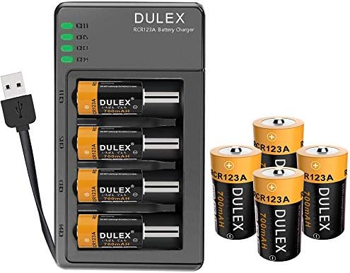 CR123A Rechargeable Batteries, DULEX Rechargeable CR123A Lithium Batteries, 8-Pack 3.7V RCR123A Battery with Charger for Arlo Security Cameras, Alarm System