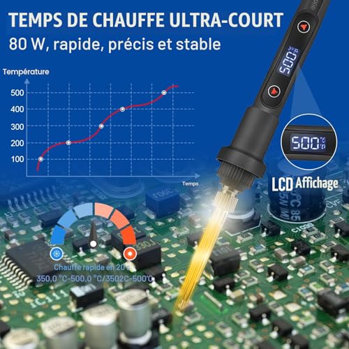 80W Professional Soldering Iron Kit, Adjustable Temperature 180°C-500°C with LCD Display, On/Off Switch, 5 Soldering Nozzles, Desoldering Pump, Ideal for Electronic Repair, Soldering and DIY