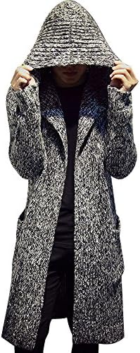 Mens Open Placket Winter Long Cardigan With Hood Sweater Loose Fit L Grey