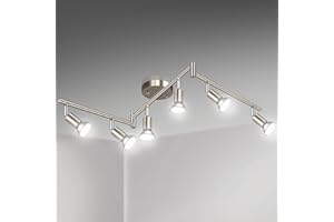 Unicozin LED 6 Way Ceiling Spot Lighting Kit - Matt Nickel, Flexibly Rotatable Light Head, Modern Track Light Included, 6 x LED GU10 Bulb (4W, 5000K Daylight, 400LM)