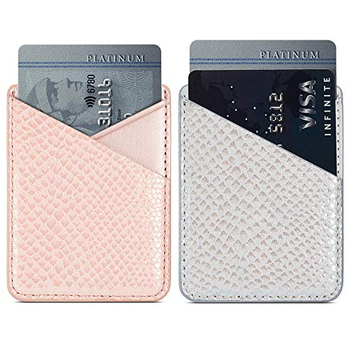 Cell Phone Card Holder, Stick on Wallet for Back of Phone, 3M Adhesive Ultra Slim Phone Pocket ID Credit Card Holder Sleeves Pouch Compatible iPhone, Samsung Galaxy, All Smartphones (Grey/Pink)