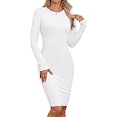 Qaffier Bodycon Dresses for Women Long Sleeve Dress Casual Crew Neck Slim Fitted Fleece Midi Dresses