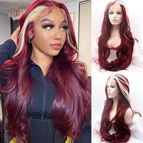 Xiweiya Wigs Long Natural Wave Pure Color Black, Purple, Blue Green, Pink, Red 13 * 3 Lace Front Wig Synthetic Heat Resistant Fiber for Women Halloween Cosplay 24 Inches (Mixed blonde)