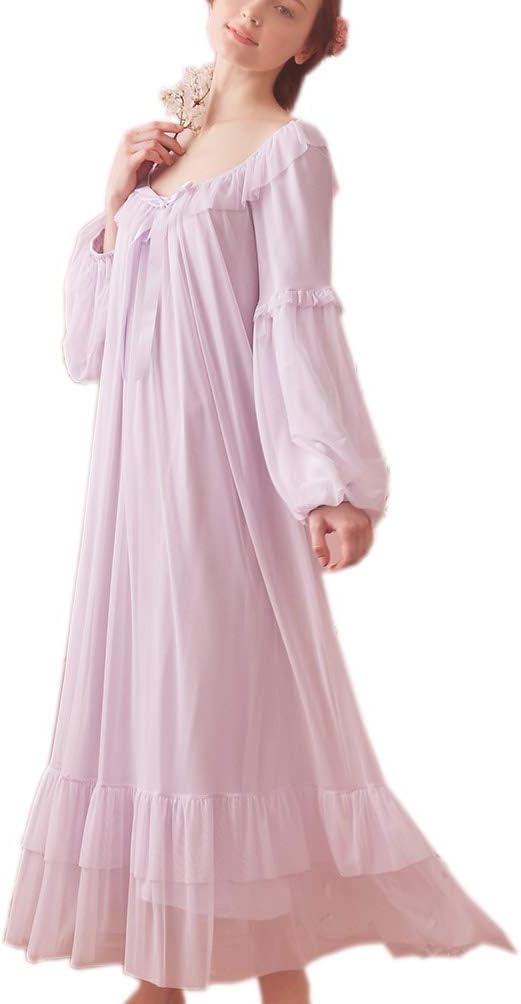 Women's Vintage Victorian Nightgown Long Sleeve Sheer Sleepwear Pajamas Nightwear Lounge Dress