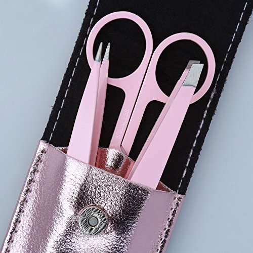 Tweezers for Eyebrows Set of Three- Includes Case with Professional Pointed Needle Nose, Slant & Straight Precision Stainless Steel- Ingrown Hair Nose, Hair Eyebrow & Splinters (Metalic)