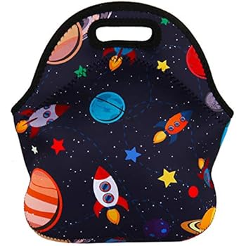 Violet Mist Neoprene Lunch Bag Tote Reusable Insulated Waterproof School Picnic Carrying Lunchbox Container Organizer For Women, Men, Adults, Kids, Girls, Boys (Space Rocket)