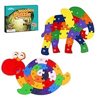 Monilon Wooden Blocks, 52 Pcs Kids Toys Alphabets & Numbers Winding Snail & Elephant Jigsaw Puzzle - Preschool Learning Educational Toy Set Gifts Toy for Kids 3 4 5 6 + Years Old Toddlers Boys Girls