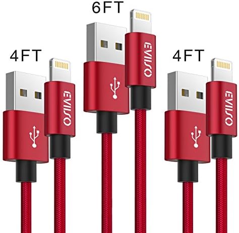 iPhone Charger Lightning Charging Cable MFi Certified, EVIISO 3Pack 4FT 4FT 6FT Nylon Braided Lightning to USB Charger Cable Fast Charging Cord for iPhone X 8 7 6s 6 plus SE 5s 5c 5,iPad,iPod (Red)