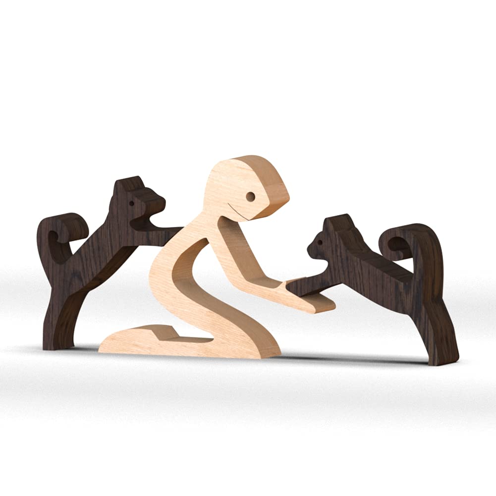 BOBO BIRD Wooden Dog Cat Family Statue, Handmade Wood Decoration Cute Puppy Kitty and People Statue Sculpture Ornament Collectible Figurine Craft Arts for Home Office Living Room (Men+2 Kitty(S)) — image 1