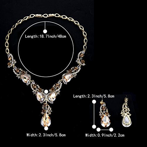 BriLove Wedding Bridal Necklace Earrings Jewelry Set for Women Multi Teardrop Cluster Crystal Statement Necklace Dangle Earrings Set Champagne Gold-Toned