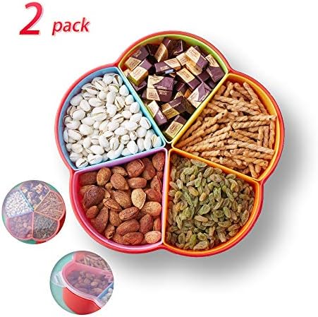 2-Pack Candy and Nut Serving Container, Appetizer Tray with Lid, 5 Colorful Compartments Round Plastic Food Storage Lunch Snack Organizer, Divided Camping Snack Plate, 11-Inch