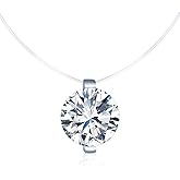 Feilok Solitaire Pendant 925 Sterling Silver Cubic Zirconia CZ with Transparent Chain Necklace for Women