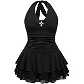 BEAUDRM Women's Plus Size Y2k Goth Mini Dress Grunge Punk V Neck Tie Back Halter Short Dresses Gothic Halloween Costumes
