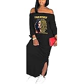 Women's Casual Off Shoulder Maxi Dress - African Print Summer Loose Long Sleeve Tunic T Shirt Dresses with Pockets