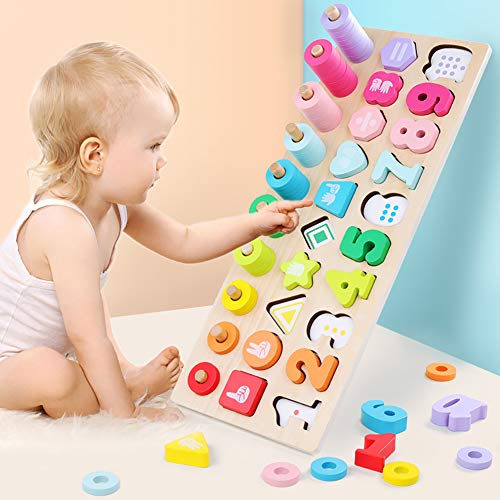 GEMEM Big Wooden Montessori Math Blocks Sorting Puzzles Set Learning and Educational Toys for Toddler Preschool Kids for Number Counting, Colors Stacking, Shape Sorter