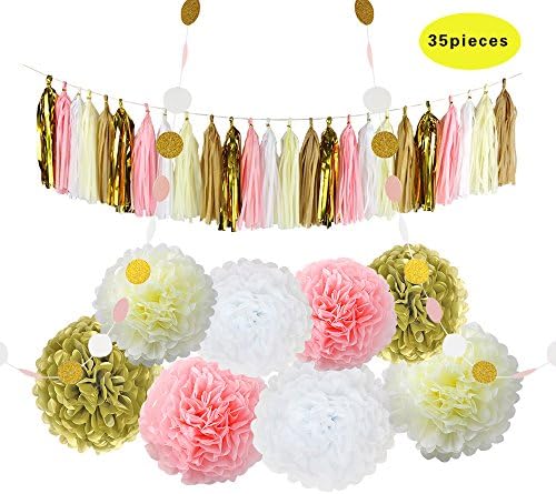 Debu Crafts Party Tissue Pom Poms – Best Wedding Birthday Anniversary Party Hanging Decoration – Pack of 35 – Pink White Gold Ivory Tissue Pom