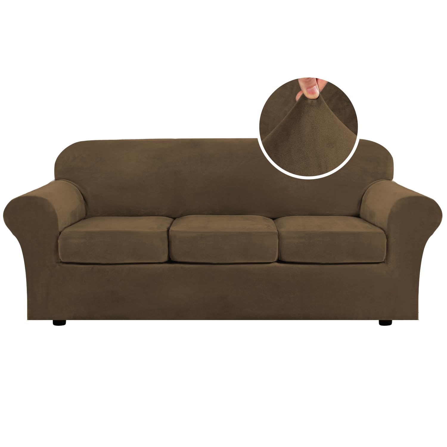 Photo 1 of H.VERSAILTEX Modern Velvet Plush 4 Piece High Stretch Sofa Slipcover Sofa Cover Furniture Protector Form Fit Thick Velvet Sofa Cover for 3 Cushion Couch Width Up to 90 Inch (Sofa, Bronze Brown)