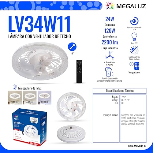 Megaluz LV34W11 Ventilador de techo con luz led y control remoto, 13", luz fría, neutra y cálida, 6 aspas desmontables, Abanico de techo enchufe E27, 4 velocidades y motor silencioso (Blanco).