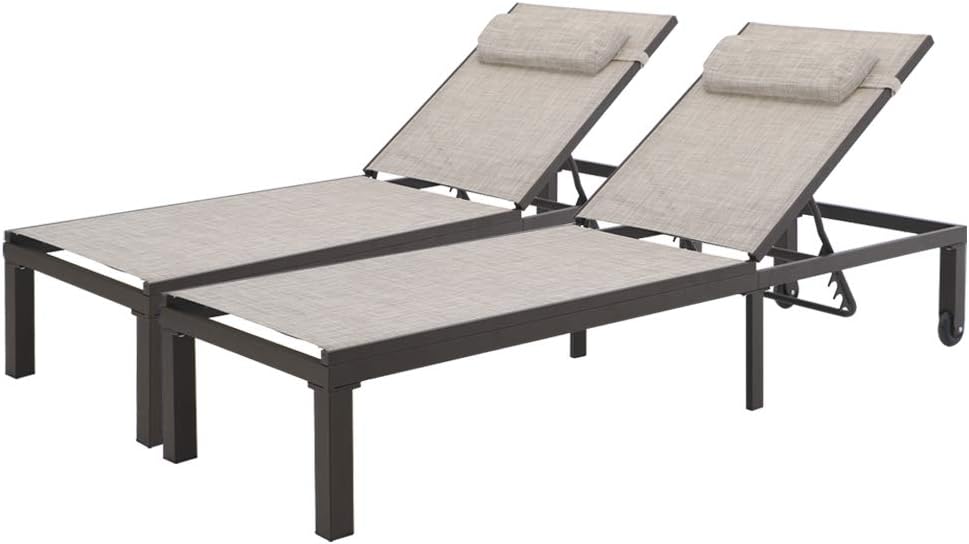 Crestlive Products Outdoor Adjustable Chaise Lounge Chair with Headrest and Wheels Five-Position Multiangle Recliner All Weather for Patio, Beach, Yard, Pool