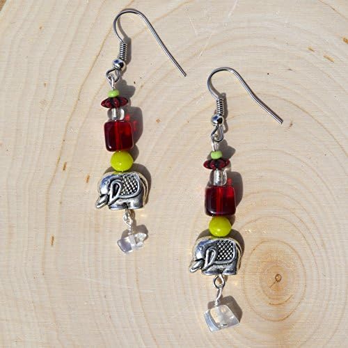 Silver Elephant earrings with opalite and upcycled antique beads