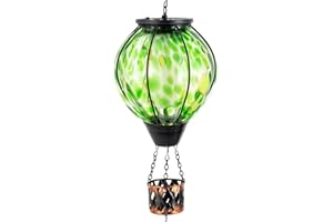 YELENEW Solar Hot Air Balloon Lantern with Flame Flickering,Glass Hot Air Balloon Solar Lantern Outdoor Waterproof Hanging Outdoor Light for Patio Yard Garden Decor,Mother Day Gifts for Women(Green)