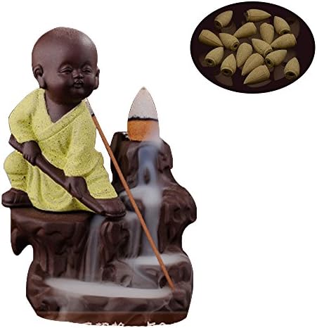 Incense Burner Ceramic Little Monk and Buddha Home Ornaments Backflow Incense Holder (yellow 2)