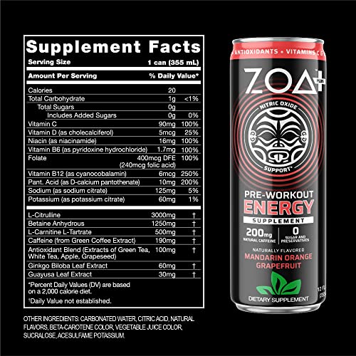 ZOA+ Plus PreWorkout Drink Mandarin Orange Grapefruit 12 Fl Oz
