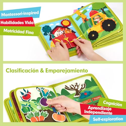 hahaland Montessori Book 1 Year - 20 in 1 Busy Activity Board, Interactive Book Montessori Toys for Children 1 2 3 Years - 10 Pages Animals Farm