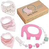 Unique Baby Shower Gifts For Girls - Teether Pacifier Clip & Elephant Teething Toy Set, 100% BPA Free Silicone + 3 Pack Bandana Drool Bibs With Snaps, Best Binky Holder For Newborn, Toddlers, Registry