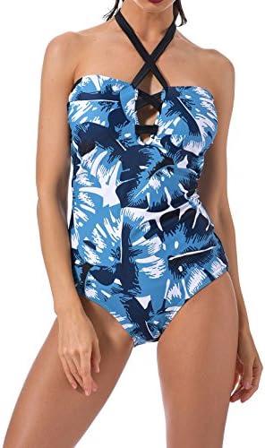SUBOCA Women's Palm Leaf Print One Piece Swimsuit Bathing Suit Slim Fit Halter Padded Vintage Swimwear S