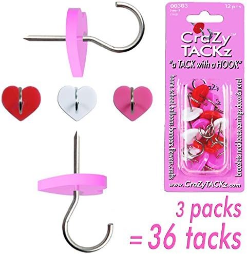 CraZy TACKz Hearts Red, White & Pink 3pk=36 Tacks Organize Decorate at Elementary Middle Junior High School Teacher Class Room • Brag Tag Card Inside or Outside Banners Signs Posters