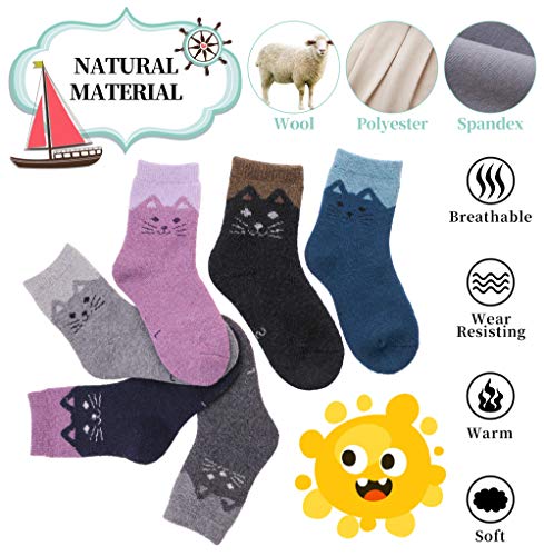 LANLEO 6 Pairs Children's Winter Thick Warm Soft Cute Animal Crew Wool Socks For Kids Boys Girls Cat,1-3 Year Old