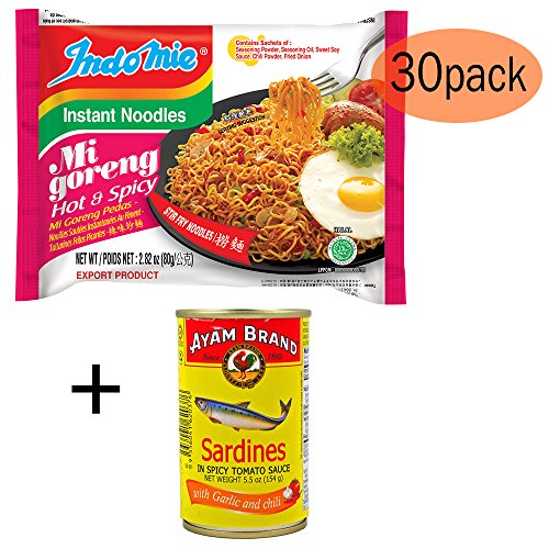 BONUS PACK - Indomie Instant Fried Noodles Spicy/Hot for 1 Case (30pcs) PLUS your BONUS of Sardines in Spicy Tomato Sauce with Garlic & Chili Flavour (1x155g)