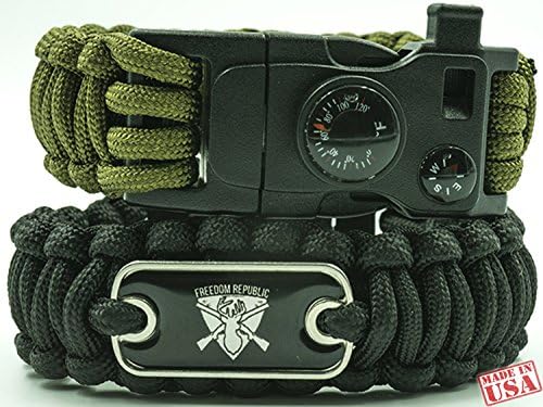 Paracord Utility Bracelets Set of 2 (Green &amp; Black) 9" length. Wearable Survival Kit Multipurpose tool, Compass, Whistle, Firestarter. For camping &amp; hiking emergencies.Thermometer in FAHRENHEIT