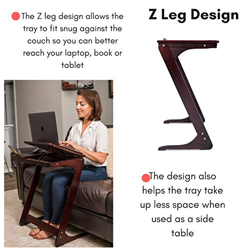Sofia + Sam Sofa Side Table TV Tray Tablet Phone Slots | Wooden Z Legs | Couch Console Lapdesk | Adjustable Top Table | Laptop Stand | Small Breakfast Eating Food | Dinner Lunch Snack Reading