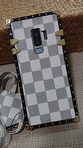 HeiL S9 Trunk (Fast US Deliver Guarantee Fulfilled by Amazon) New Elegant Luxury PU Leather Classic Style Cover Case for Samsung Galaxy S9 S 9 ONLY (Trunk Bag White Checker)
