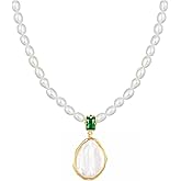 LOOYUUPEE Natural Baroque Freshwater Pearl Dangle Necklace for Women, Wire Wrap Gold Pearl Choker Jewelry Chain with Green Gemstone, Best Gift for Mom Lover Her (14K Gold Plated)