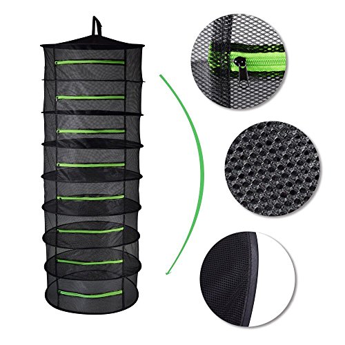 BoHoFarm Herb Drying Rack Herb Dryer Net w/Zippers Black Mesh Tray Dry (D24 xH67 8-Tier, Black w/Green Zippers)