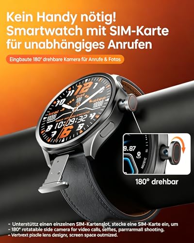 Smartwatch with SIM Slot and 180° Rotating Camera, 1.73 Inch HD Touch Screen Android Smart Watch, Unlocked 4G GSM for Standalone Calls, GPS, Heart Rate Fitness Watch, 800 mAh, 3 GB RAM + 32 GB ROM