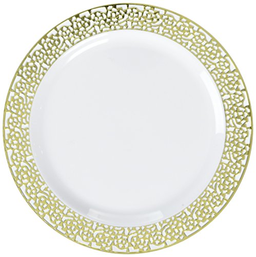 Amscan Premium Plastic Plates | White w/ Gold Lace Border | 7.5