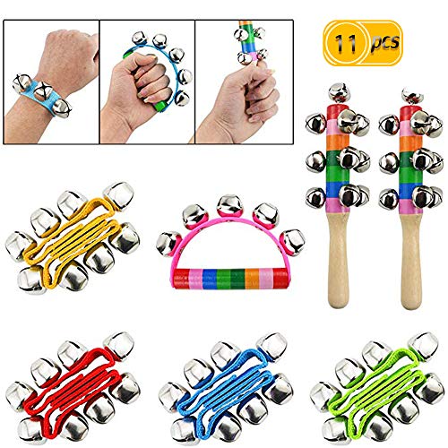 TKOnline 8 Pcs Wrist Band Bells,2 Pcs Jingle Bells Sleigh Bells - 1 Handle Wooden Bells,Musical Rhythm Toys Kit for School Party jingle bells,sleigh bells,jingle bell wrist bands,band wrist bells - Thumbnail 7
