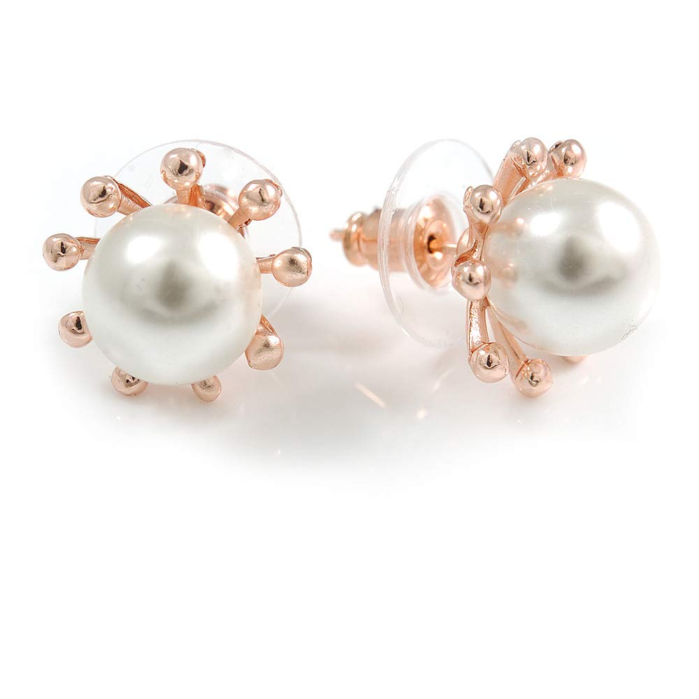15mm D/White Simulated Glass Pearl Sunflower Stud Earrings/Rose Gold Tone Metal