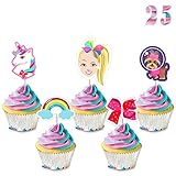 25 Pcs Jojo Cupcake Toppers Birthday Party Cake Decorations - Unicorn, Bow, Dog, Rainbow - Toppers