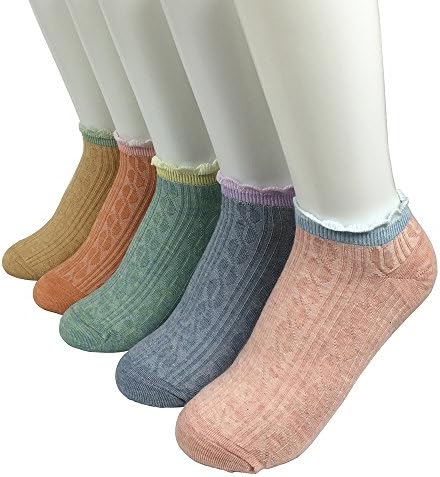 Women's 5 Pack Ankle Crew Socks with Lovely Crochet Lace, Solid Color