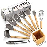 10PCS Of ZT_YIMO Silicone Cooking Utensils Set Kitchen Utensile, Premium Kitchen Gadget With Bamboo/Wooden Handle, Cooking Tool Set For Nonstick Cookware – Grey/with Holder